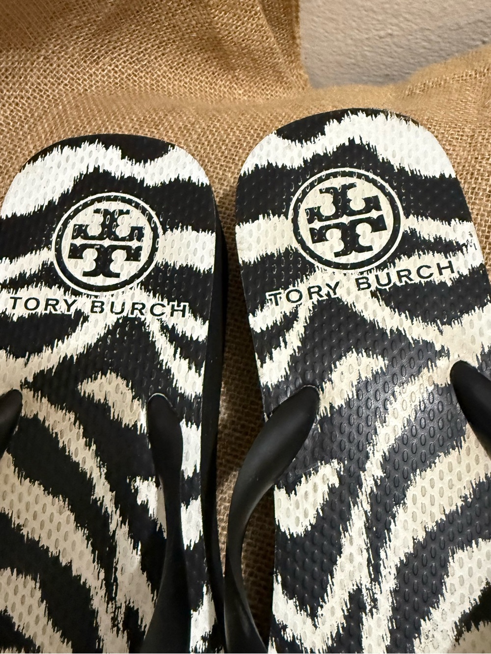 Tory Burch Wedge Black and White Zebra-Print Logo Flip Flops - Picture 2 of 6